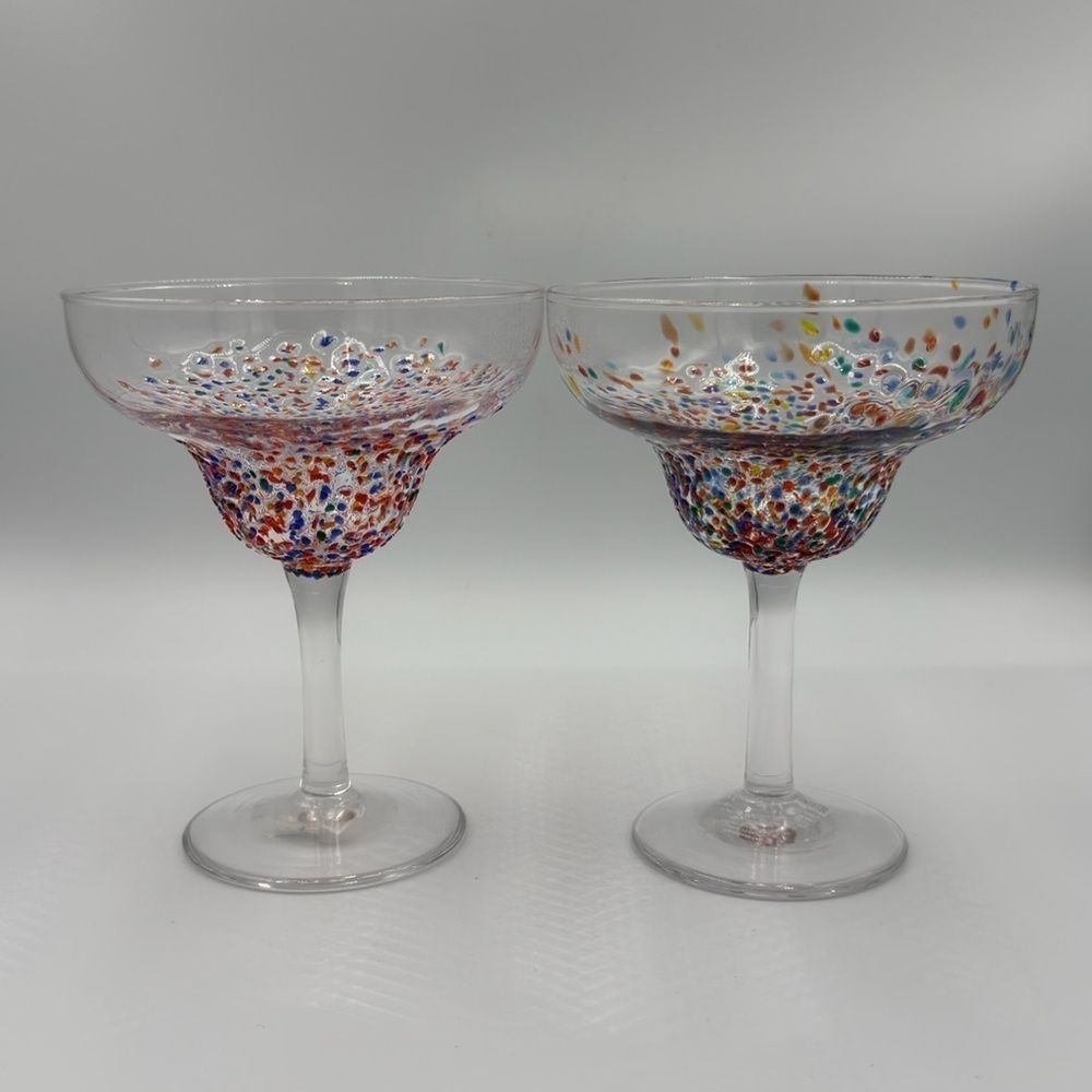 Pier 1 Hand Blown Multi Dot Margarita Glasses Set of 2 New Old Stock